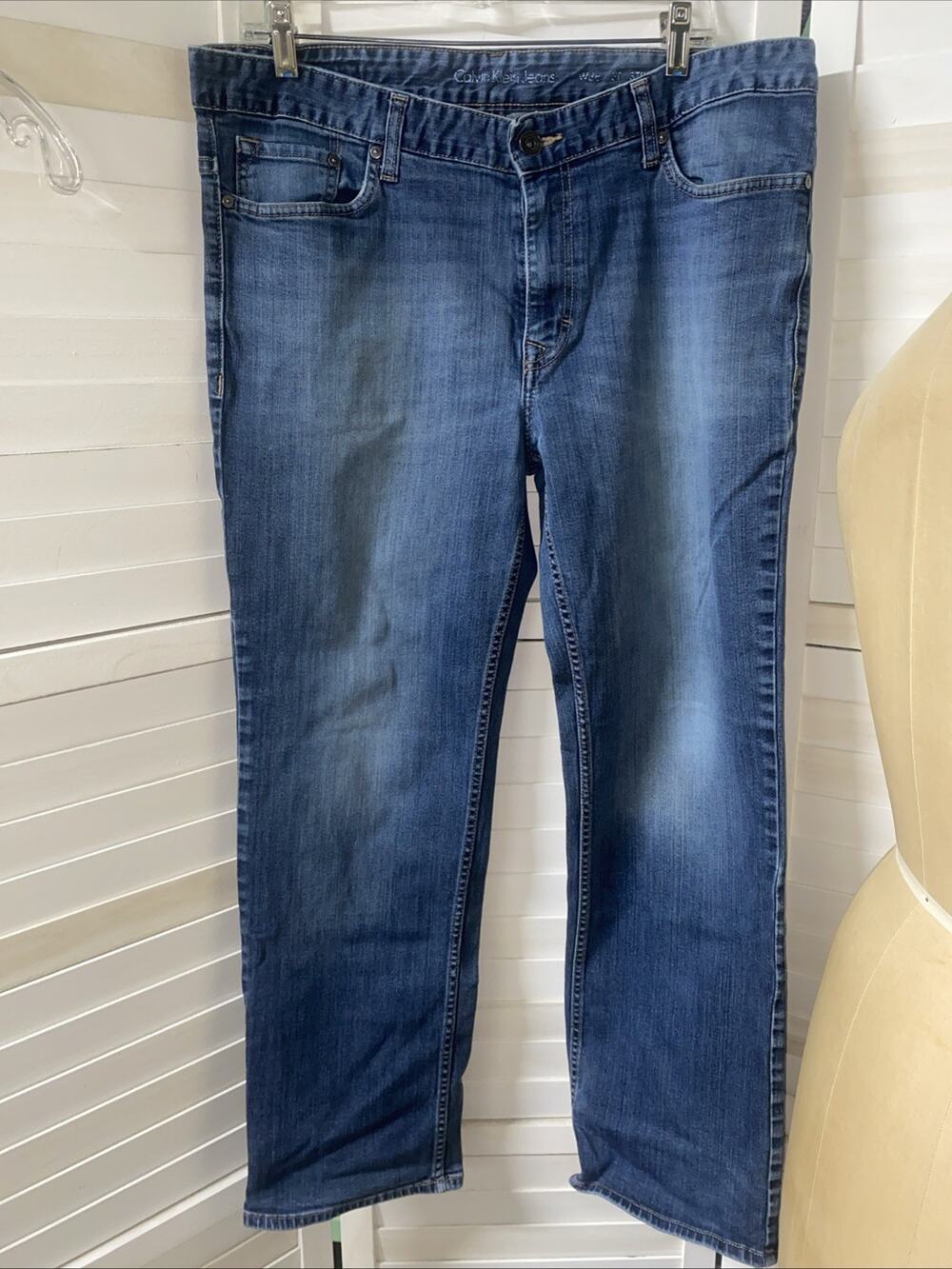 Calvin Klein Mens Blue Jeans Straight Medium Cotton Blend Denim 38” X 30”